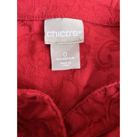 Chicos Size S Rich Red Elongated Jacquard Jean Jacket w/ Floral Imprint - Picture 7 of 9